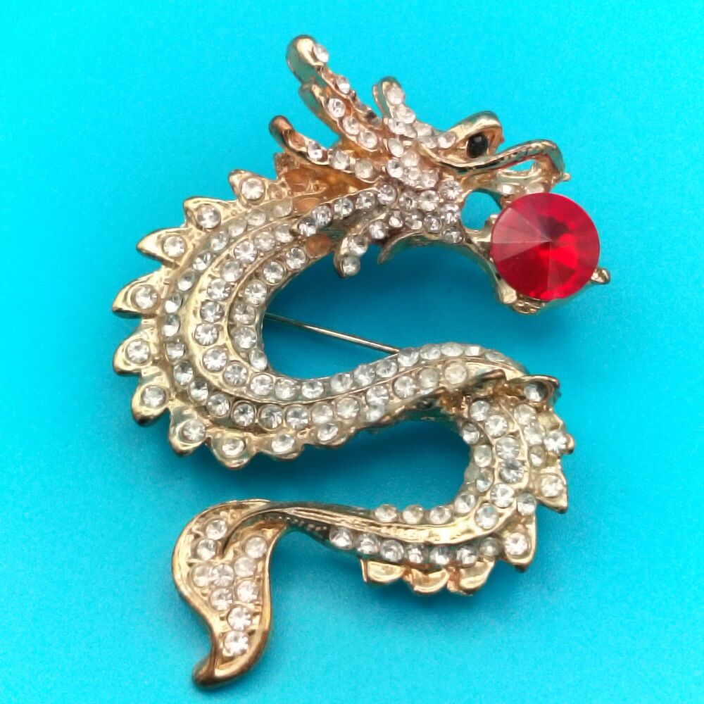 Sparkling Gold Tone Dragon Brooch Pin Red Crystal Ball Clear Rhinestones Fashion